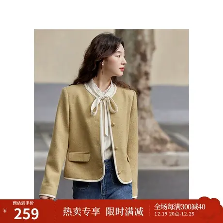 茵曼法式通勤气质小香风短外套2023秋女装新款粗花呢圆领长袖上衣图片