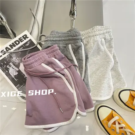 夏季百搭撞色运动短裤子女薄款显瘦高腰抽绳白边直筒休闲热裤外穿图片