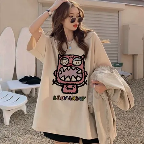 趣味卡通t恤女夏港味chic大码纯棉设计感短袖复古慵懒风ins潮上衣商品大图