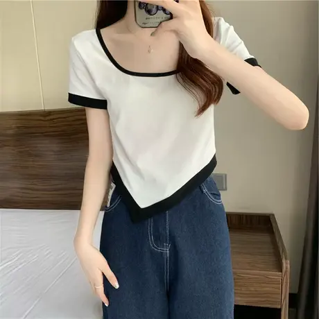 撞色短袖t恤女短款高腰夏季修身显瘦法式小众设计感别致上衣ins潮商品大图
