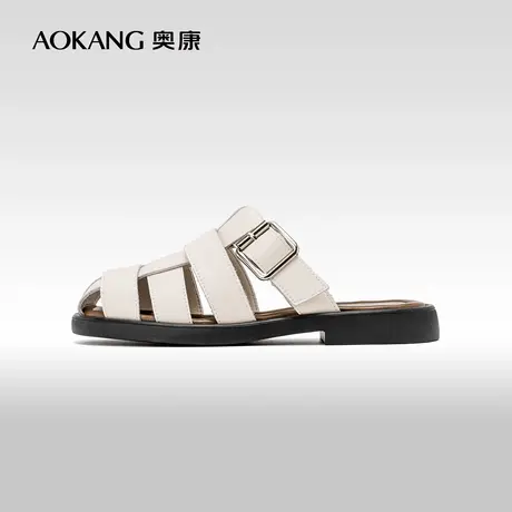 奥康女鞋 2024夏季新款罗马风镂空编织半包头拖鞋平底一脚蹬凉鞋图片