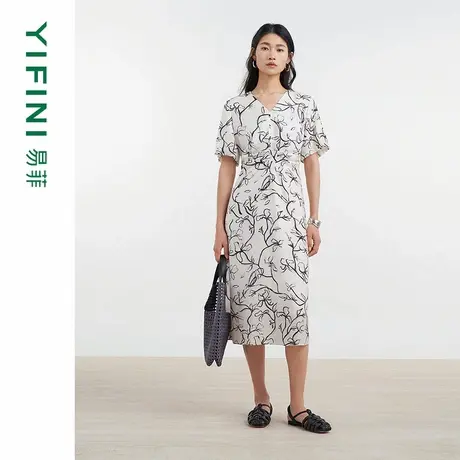 [专柜同款]Yifini/易菲气质优雅印花V领收腰中长款连衣裙D04Y1401图片