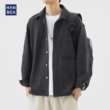 hansca纹理感长袖衬衫外套男2024年秋季新款日系复古潮牌翻领上衣商品大图