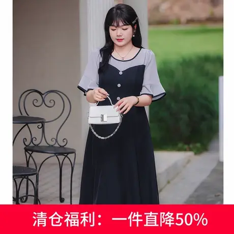 夏装新款法式休闲百搭喇叭袖收腰遮肚子显瘦大码胖妹妹连衣裙长款图片