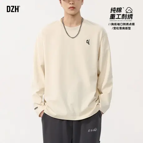 青少年纯棉长袖t恤男夏季刺绣圆领宽松上衣打底衫体恤衫2025新款商品大图
