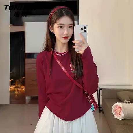 唐狮安可拉红长袖t恤女2024新款春秋款纯棉内搭打底衫上衣VB图片