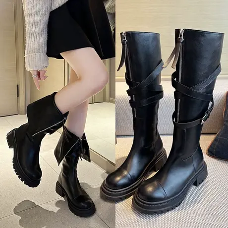 高筒时装靴女2023秋冬新款不过膝长靴前拉链皮带扣厚底机车骑士靴商品大图