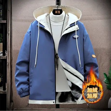 加绒加厚外套男士秋冬季宽松帅气假两件夹克青少年学生连帽上衣服商品大图