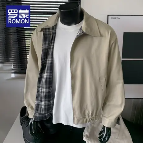 罗蒙美式复古双面穿夹克男春秋季格纹设计翻领棒球服飞行工装外套商品大图