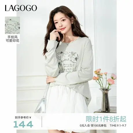 LAGOGO手绘印花宽松T恤女拉谷谷2025年秋季新款清新圆领长袖上衣图片