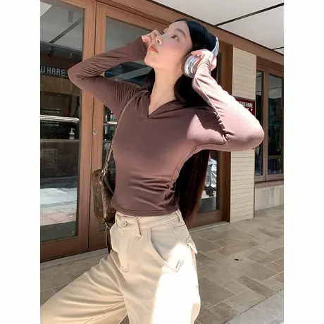 KV真维斯磨毛连帽打底衫女2025秋季新款修身通勤百搭叠穿内搭长袖商品大图