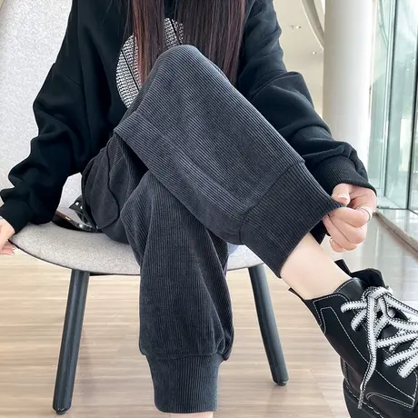 灰色灯芯绒裤子女秋冬新款宽松束脚高腰显瘦小个子休闲哈伦工装裤商品大图