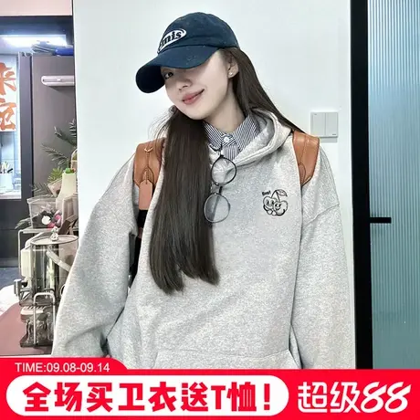 韩系学院风日常通勤风灰色连帽卫衣女高级感百搭休闲薄款上衣外套商品大图