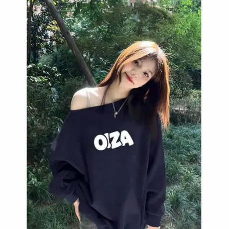 藏蓝色露肩斜领卫衣女秋季重磅美式复古字母印花宽松慵懒风上衣潮商品大图