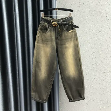 欧货怀旧复古色牛仔萝卜裤女2023秋季新款高腰显瘦时髦小脚哈伦裤商品大图