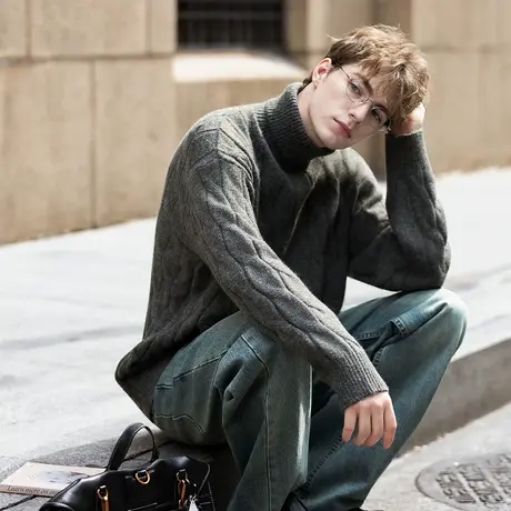 唐狮秋冬季男高领绞花毛线衫毛衣圆领套头V撞色德美拉肌理感TMTA图片