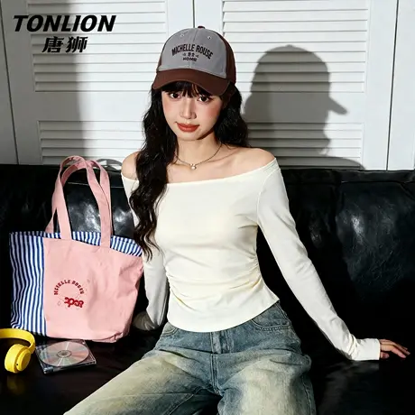 唐狮官方一字肩长袖t恤女2026新款春夏款女款露肩修身内搭上衣VB图片