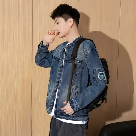 唐狮秋季新款男牛仔外套水洗小立领正肩上衣拼接设计感夹克潮TMTA商品大图