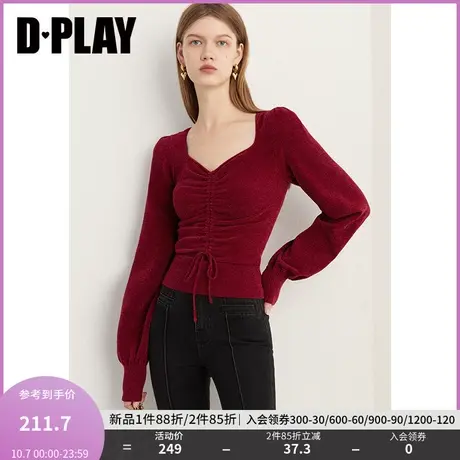 DPLAY2023冬法式复古果酱红美背宫廷领修身抽绳针织套头毛衣商品大图