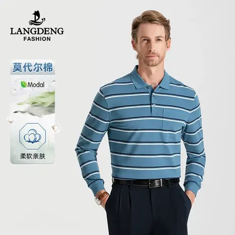 [含莫代尔]浪登男士翻领长袖T恤2023秋冬季条纹休闲中年Polo衫男图片