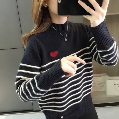 条纹针织衫女士秋冬2023新款学院风毛衣洋气打底衫海军风宽松上衣商品大图
