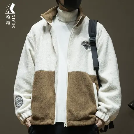 希越羊羔绒外套冬季学院风男士拼接撞色夹克宽松大码棉衣美式棉服商品大图