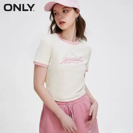 【买5免1】ONLY奥莱夏季新款时尚撞色字母印花短款修身圆领T恤女商品大图