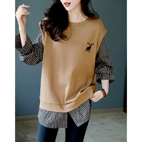 宝诗黎假两件喇叭袖卫衣潮流女秋季新款条纹拼接上衣2023小众长袖商品大图