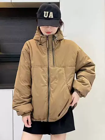 2023年秋冬新款双拉链连帽棉衣宽松时尚减龄韩版休闲外套上衣女图片