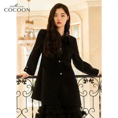 miss COCOON蝴蝶结毛呢外套女2022新款秋冬时尚显瘦双面羊毛大衣图片