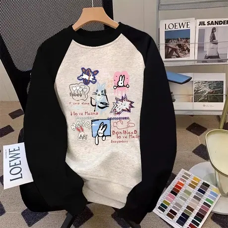 撞色插肩袖情侣卫衣女款秋冬2023爆款加绒学生上衣ins潮国风外套商品大图