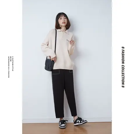 [商场同款]唐狮春秋季休闲裤女压明线哈伦裤纯色设计感直筒长裤图片