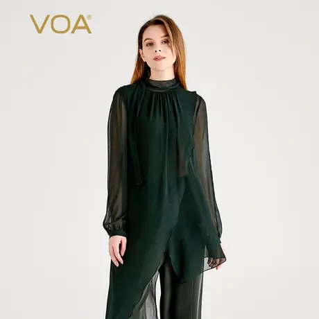 VOA桑蚕丝乔其纱墨绿色半高领灯笼长袖立体装饰不对称设计真丝T恤图片