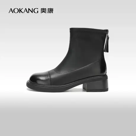 【门店发货】奥康女鞋 冬季新款保暖拼接黑色瘦瘦靴通勤短靴商品大图