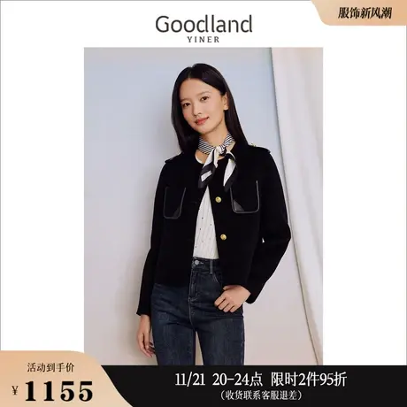【裸感羊绒】Goodland美地女装2023秋季圆领毛呢休闲短外套商品大图