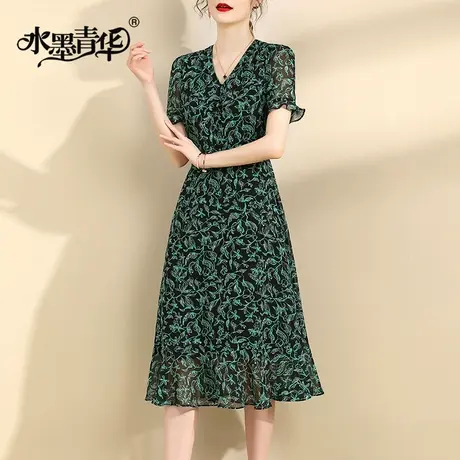 水墨青华2024夏季新品时尚百搭荷叶边裙修身短袖乔其纱印花连衣裙商品大图