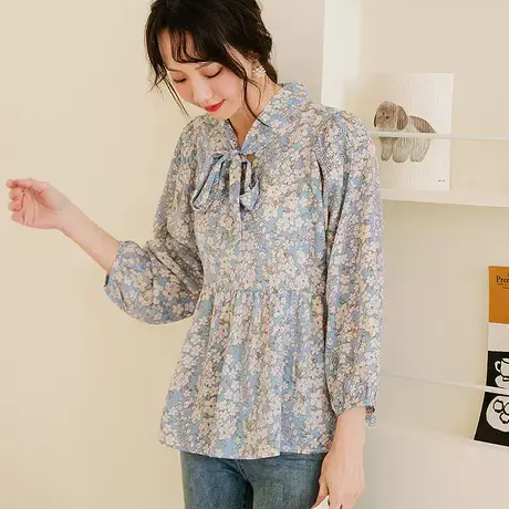 桔熊春秋季韩版复古小衫碎花印花系带领泡泡袖上衣女大码AB16768图片