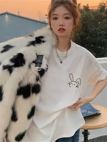 2023新款夏季大码t恤女短袖大码女装显瘦中长款宽松韩版印花上衣商品大图