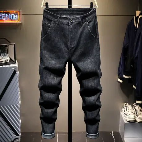 春季新款高档简约百搭潮牌蓝色牛仔裤男士宽松直筒小脚裤潮流显瘦商品大图