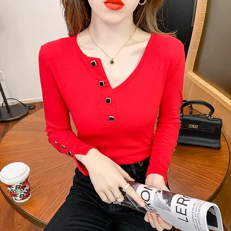 性感V领长袖T恤女欧货设计感不规则上衣洋气修身百搭打底衫春秋潮商品大图