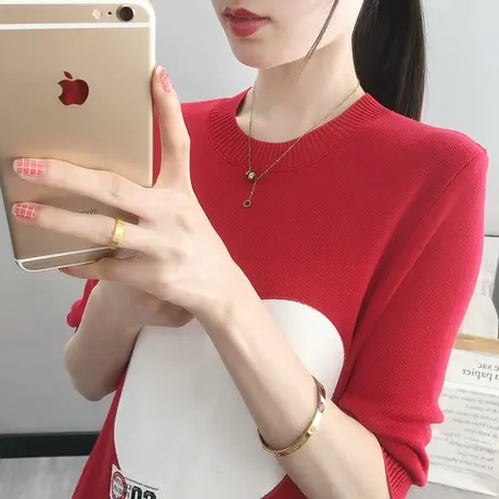 2023夏季新品短袖针织衫纯色百搭爱心印花韩版宽松t恤衫女士百搭图片