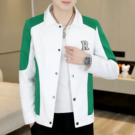 高级感撞色外套男潮牌痞帅刺绣翻领褂子上衣秋季潮流休闲短款夹克图片