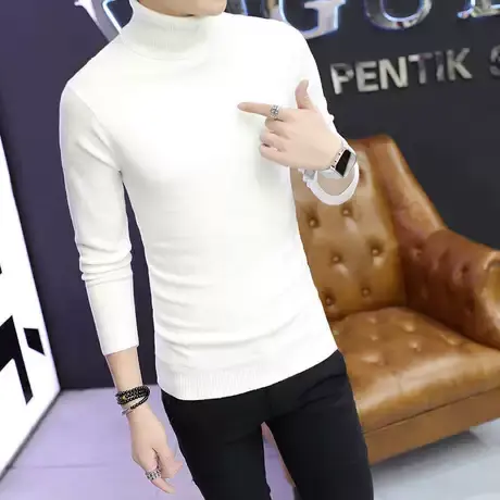 秋冬季韩版男士高领毛衣加绒加厚潮流针织衫白色打底衫翻领毛线衣图片