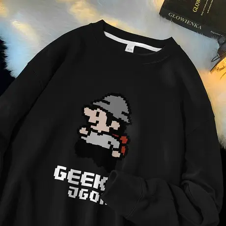 350g重磅男士卫衣秋冬款黑色上衣服宽松圆领无帽长袖t恤美式潮流图片