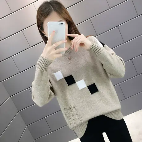 针织衫女秋冬新款宽松长袖低圆领斜肩2025拼色打底衫套头短款毛衣商品大图