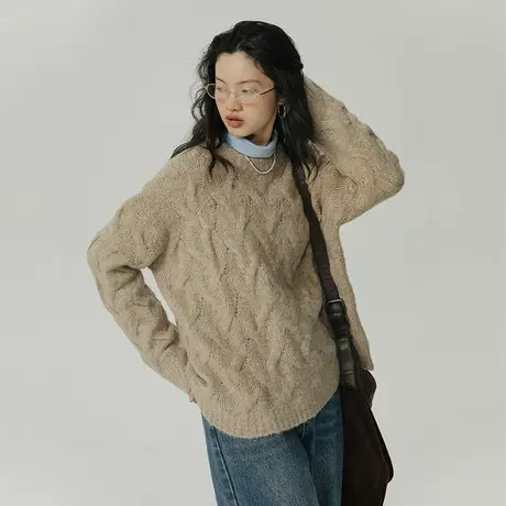 omont蛋挞家 圆领宽松绞花毛衣女秋冬新款慵懒风长袖套头针织上衣图片