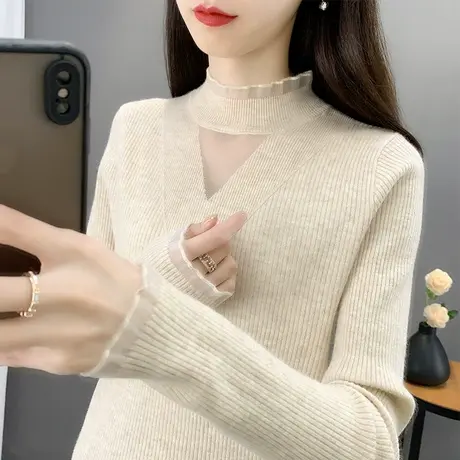 蕾丝打底衫女内搭洋气秋装2023年新款修身女士毛衣设计感针织上衣图片