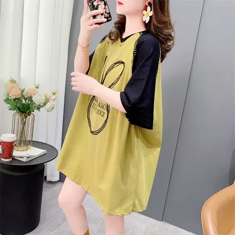 拼色减龄短袖T恤女中长款2023年夏季新款宽松洋气印花半袖上衣ins商品大图