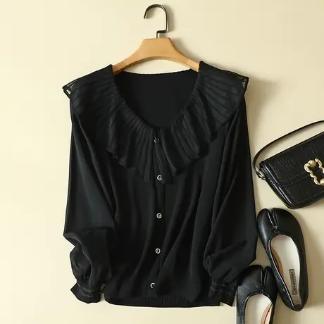 雪纺袖冰丝针织衫春装女2024年新款长袖宽松上衣洋气蕾丝打底衫女图片