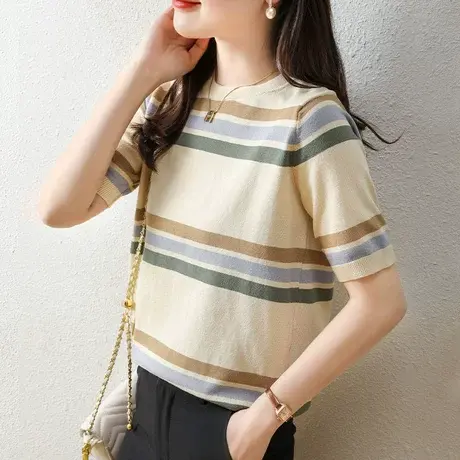 夏季女士t恤宽松短袖百搭条纹打底衫针织半袖上衣2023新款夏装薄商品大图